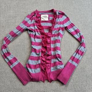 Small Hollister Striped Frilled Cardigan Pink + Gray Ruffles Women’s S Bird Logo